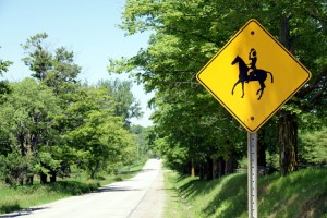 Even the signs reflect King's serious horsiness: instead of depicting a normal rider shuffling along on some random horse, the warning signs show a hunter or show jumper doffing his cap at passing traffic while his horse trots across the road.