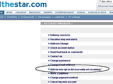 The Star’s account manager, showing my current ‘opt-in’ status