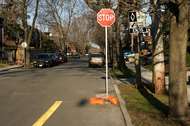 Temporary stop sign on the Chester Hill Road bike lane