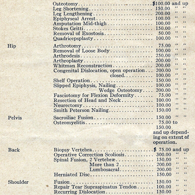 Ontario Medical Association Schedule of Fees 1950 - Hip procedures