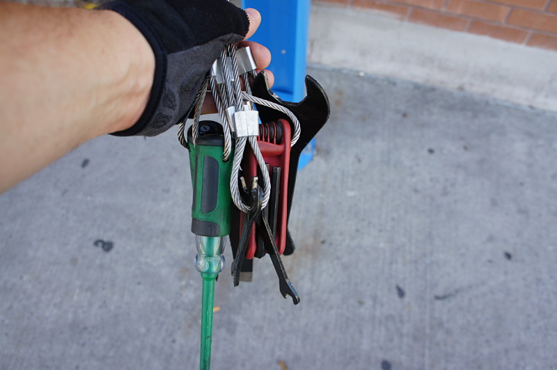 Tools available at the public bike repair stand.