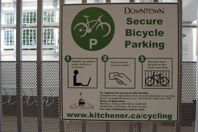 Secure bike parking corral in downtown Kitchener